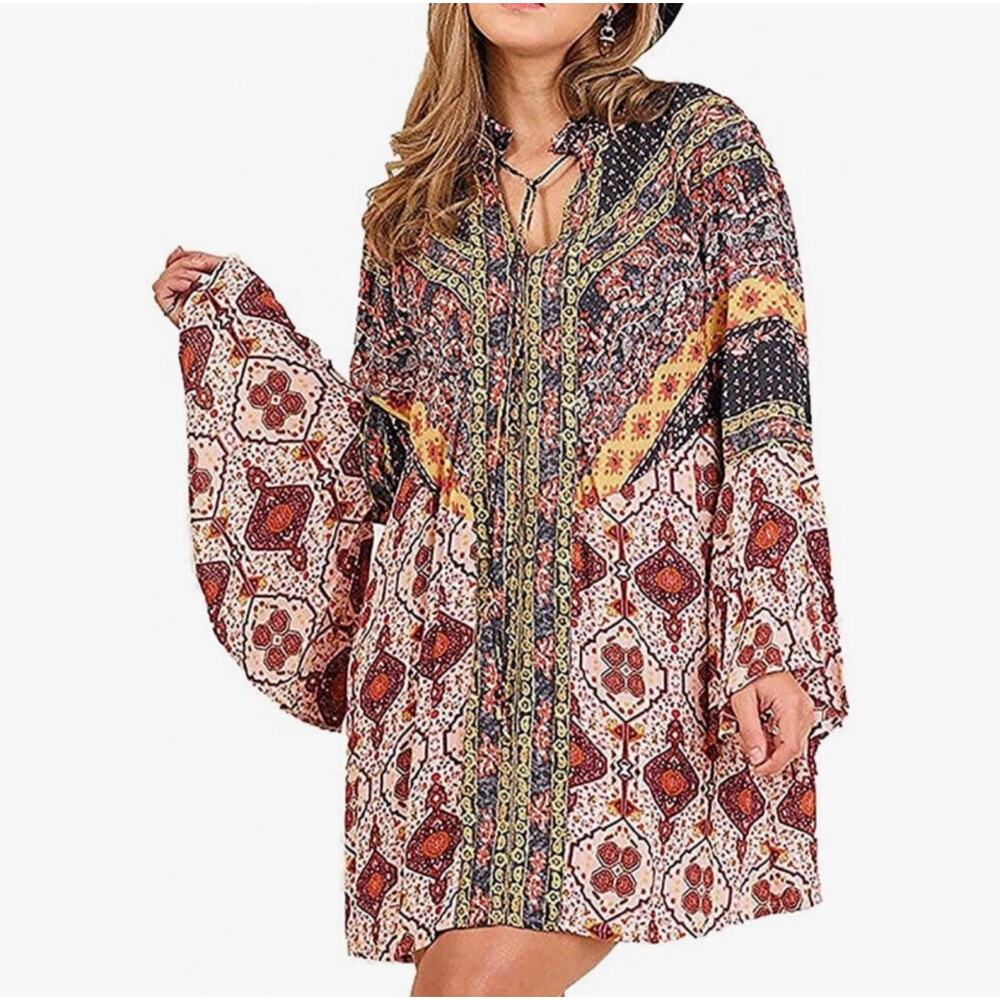 umgee Daydream Believer Bell Sleeve Boho Mini Dress
